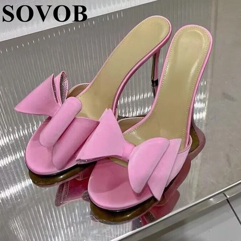 

Summer New Open Toe Simple Satin High Heels for Women Solid Color Bow Tie Slim Heels Slippers Party Banquet Elegant Shoes 2024