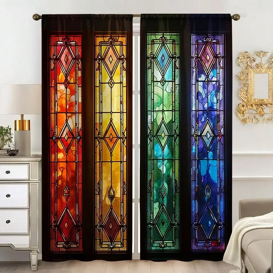 2pcs 2D Retro Colorful Flat Curtains - Blackout Polyester Fabric Curtains, Bright Floral & Geometric Pattern Curtains