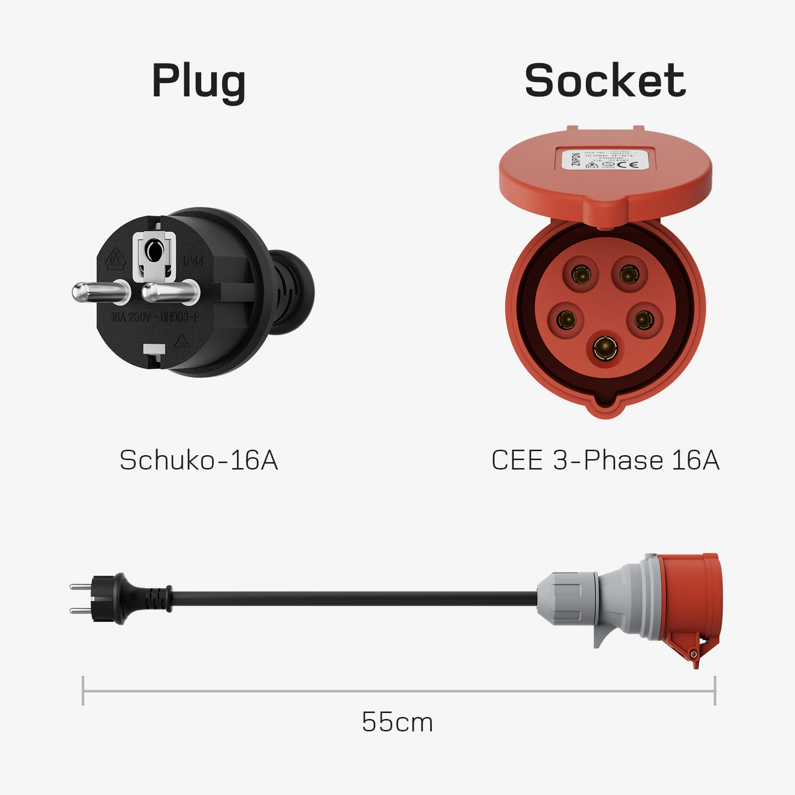 dé 11kW CEE 16A 5Pin Adapter Set Including 3Phase 32A Red, 1Phase 16A Blue, 1-Phase Schuko Plug for Charging Station EV Charger