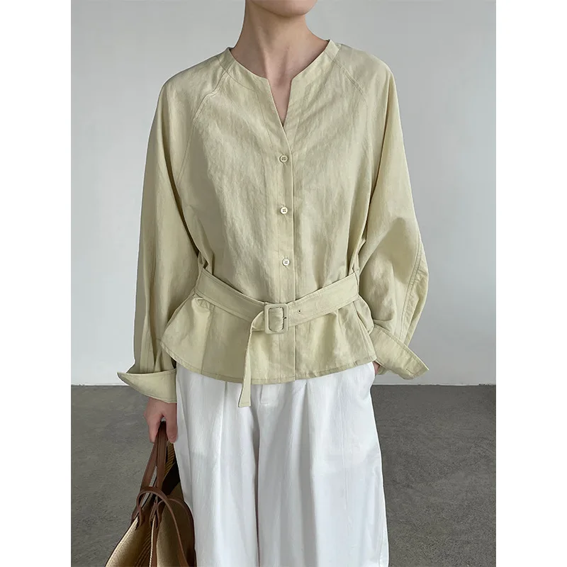 

2026 Women V-Neck Elegant Long Sleeve Spring Blouses Belt Design Shirts Tops For Women's Casual Clothes Blusas