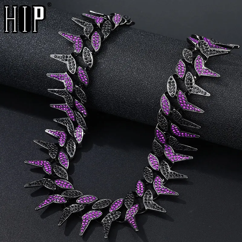 Hip Hop 24MM Bling Heavy Iced Out Cuban Thorns Link Chain Full AAA Crystal Pave Men's Bracelets Necklace for Men Jewelry