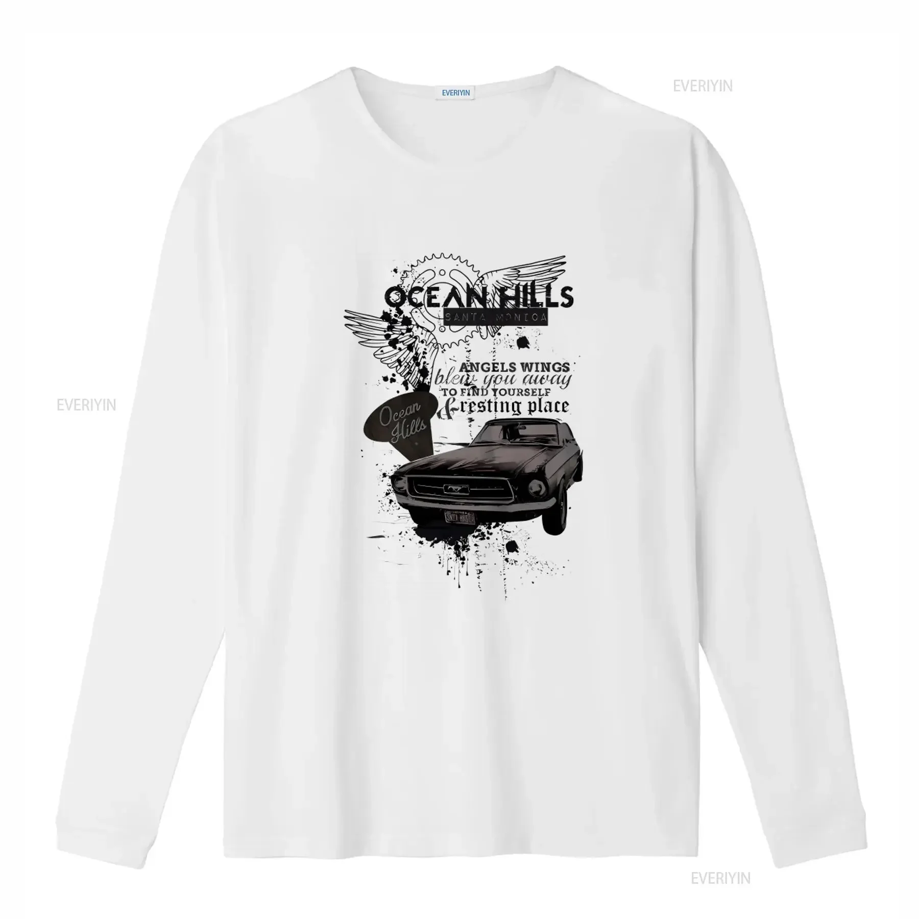 Ocean Hills Santa Monica Angel Wings T Shirt for Men with Classic Car Design Find Your Resting Place in Style vintage Washed