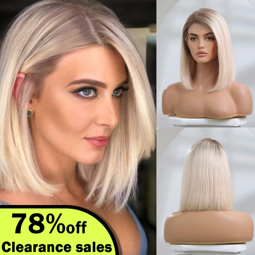 Peluca de cabello humano con encaje frontal para mujer, pelo Remy 100%, color rubio claro degradado, 14 pulgadas, fiesta de Cosplay, parte en T