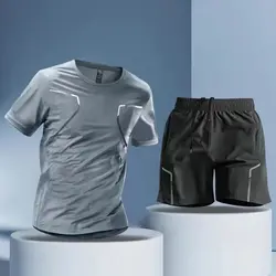 Conjunto deportivo fino de seda de hielo para hombre, camiseta de manga corta con cuello redondo, pantalones cortos de cintura elástica, traje de secado rápido para correr, Verano