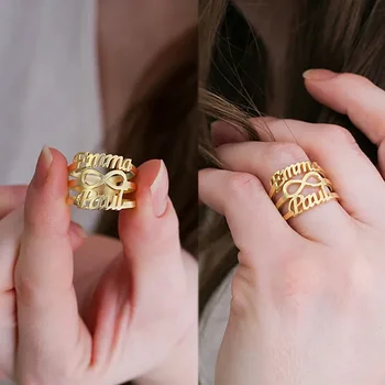 Anello di apertura personalizzato con doppio nome per donna Gioielli in acciaio inossidabile Anello con simbolo dell'infinito personalizzato Regalo di San Valentino per matrimonio