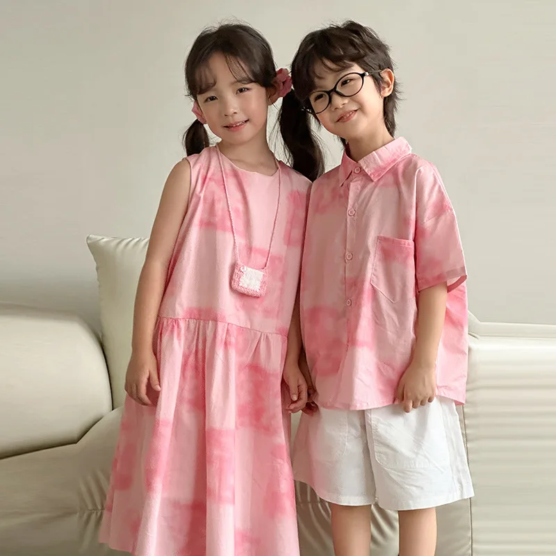 

Holiday Look Brother Sister Matching Siblings Outfits Girls Pink Dress Vacation Boys Shirts Korean Children Baby Twin Clothes
