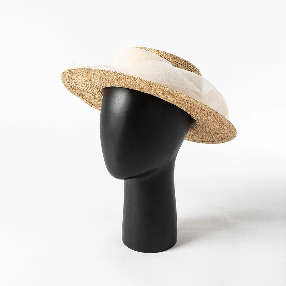 Vintage Veil Straw Boater Hat Women Bridal Inspired Flat Top Sun Hat Elegant Summer Vacation Photoshoot