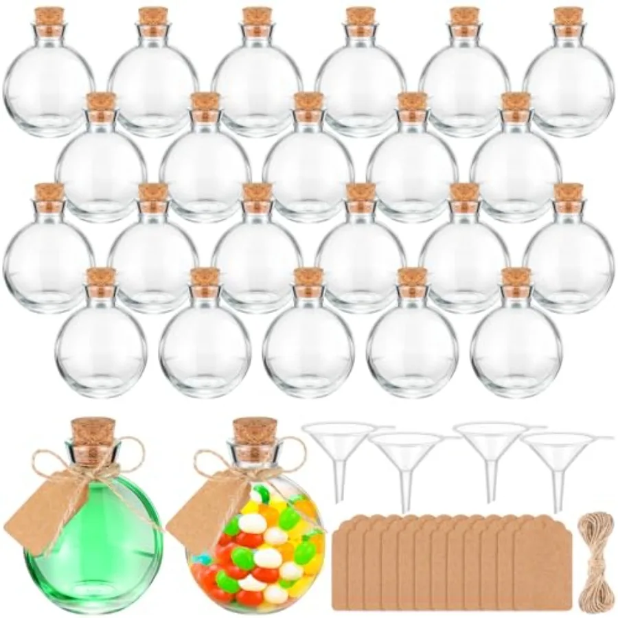 24 Sets 5 oz Mini Glass Bottle with Cork Lids Round Small Decorative Jar Ball Shaped Glass Potion Bottles with Tags, Ropes and