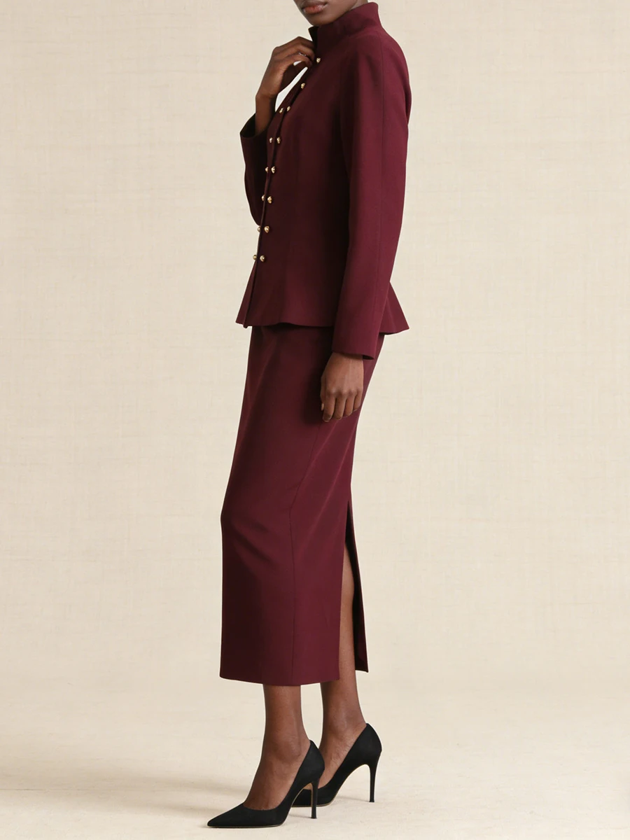 VGH Solid Vintage Dignified Two Piece Sets For Women Stand Collar Long Sleeve Top High Waist Skirt Temperament Set Female New