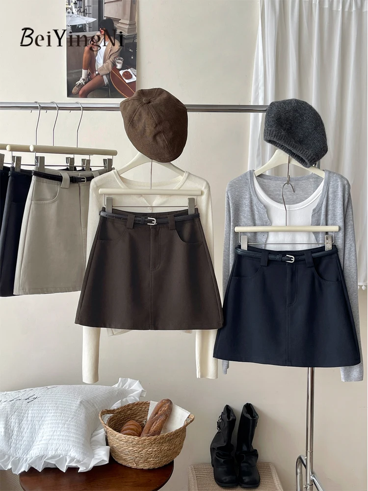 Beiyingni Koreańskie Eleganckie Krótkie Spódnice Damskie Casualowe Wyszczuplające Eleganckie Spódnice z Wysokim Stanem w Kształcie Litery A Uniwersalne Spódnice Garniturowe Damskie na Rok 2025
