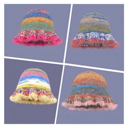 1pc Striped Women's Vintage Rainbow Stripe Oil Painting Knitted Hat With Ruffle Edge Fashion Cool Bucket Hat Autumn Winter Hat
