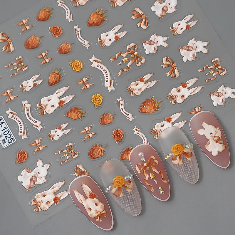 Lovely Strawberry Rabbit Nail Art Sticker Cartoon 3D Embossed Self Adhesive Nail Art Decoration Stickers 3D Manicure Decal Salon