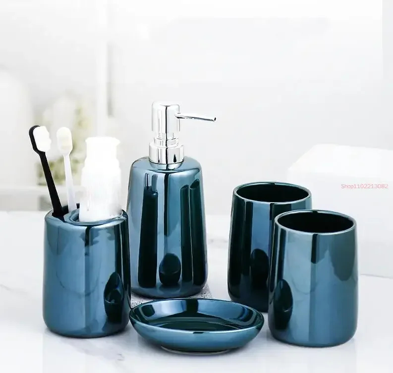 

Bathroom Five Piece Set Electroplated Ceramics Bathroom Supplies Lotion Bottle Mouth Cup Toothbrush Holder Soap Dish Toiletries