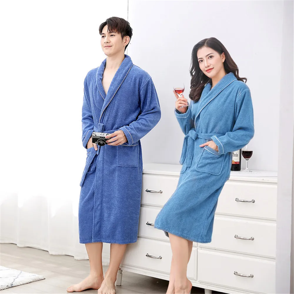 Couple Women Towel Bathrobe Cotton Winter Thick Absorbent Terry Bath Robe Kimono Men Sleepwear