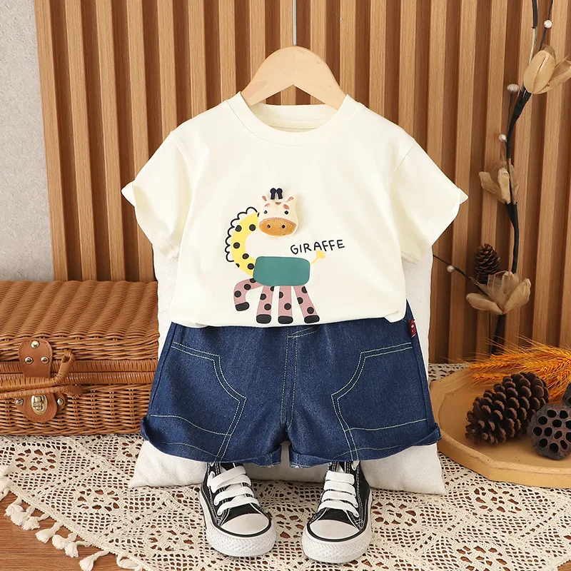 New Baby Boy Summer Clothes 2025 Kids Fashion Cartoon Giraffe Short Sleeve T-shirts and Shorts Boys 2 Piece Outfit Children Sets