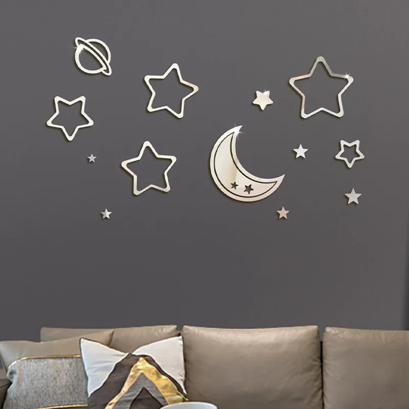 Acrylic Star Moon Planet Wall Sticker 3D Mirror Mural Decals DIY Self Adhesive Combination Stickers For Bathroom Kids Room Decor