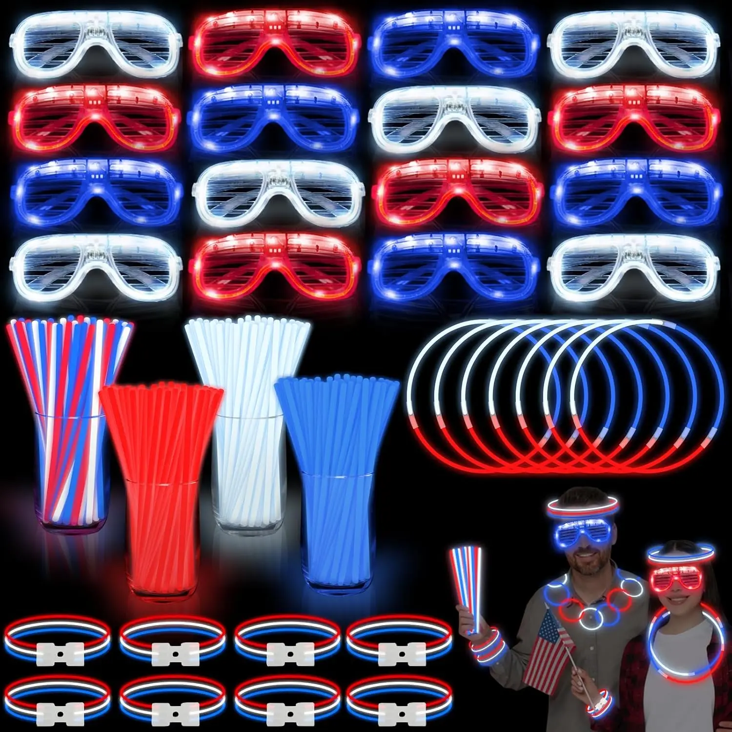 

248PCS 4th of July Patriotic Glow Stick Party Set with LED Glasses, Red White Blue DIY Bracelets & Necklaces for Concerts, Party