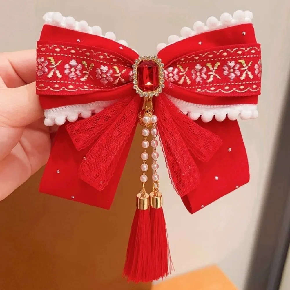 Cute Red Bow Ribbon Hair Clip Flower New Year Hairpin Tassel Pompom Hanfu Hair Ornamen Braid