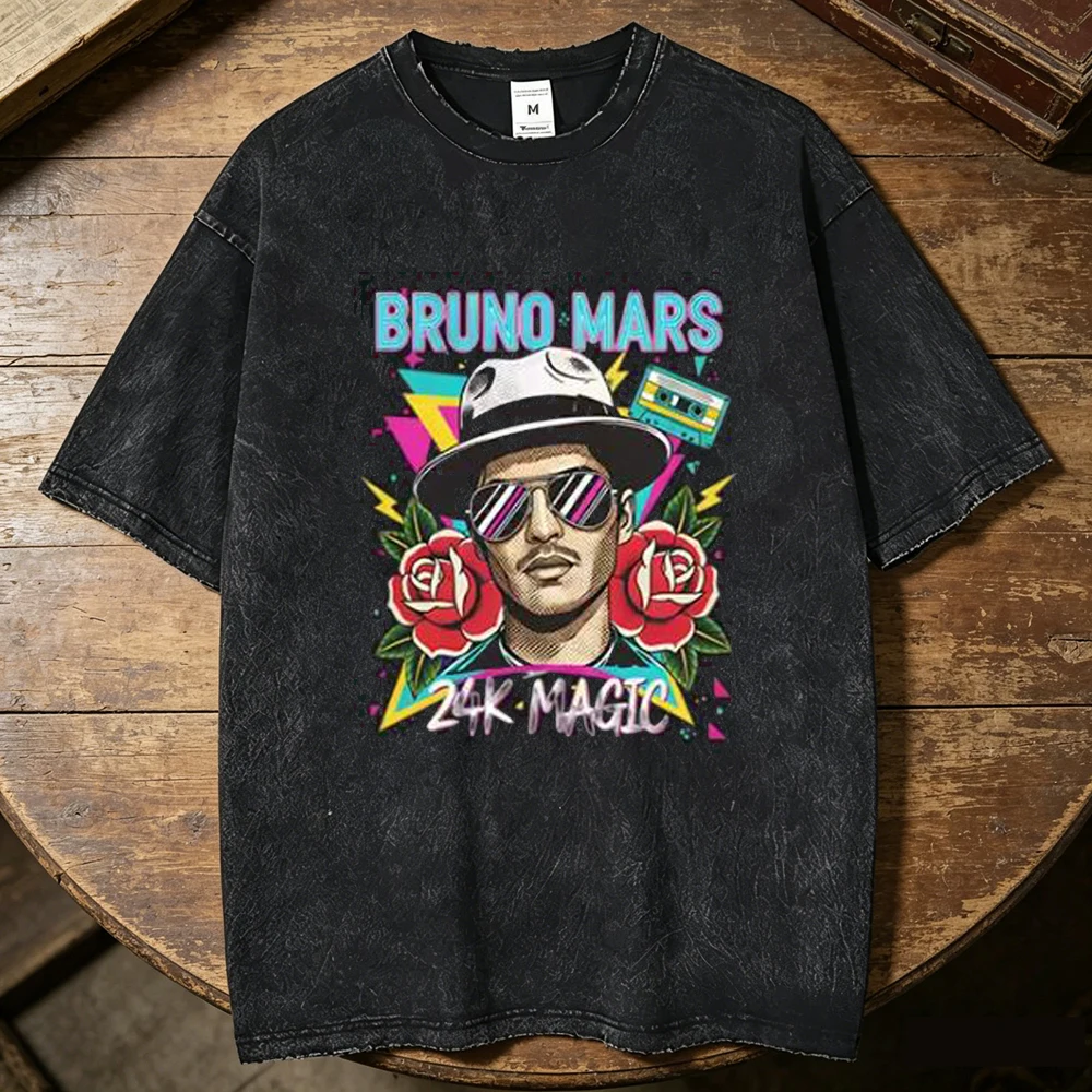 Bruno Mars Vintage Washed cotton t-shirt teen anime Comfortable Y2k t-shirt University 2000s korean clothes Gothic