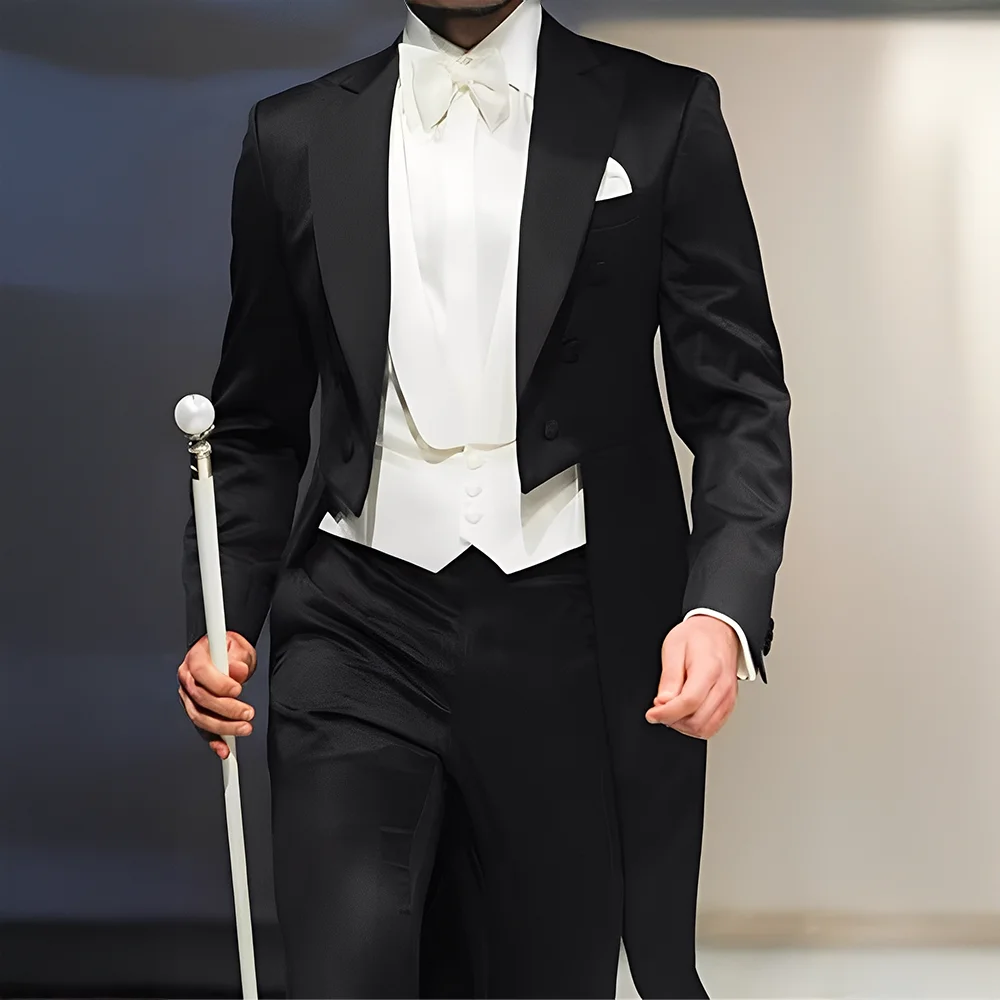 

Men's formal performance suit 3-piece black tailcoat vest pants slim fit set for wedding concert hosting program custom tuxedo