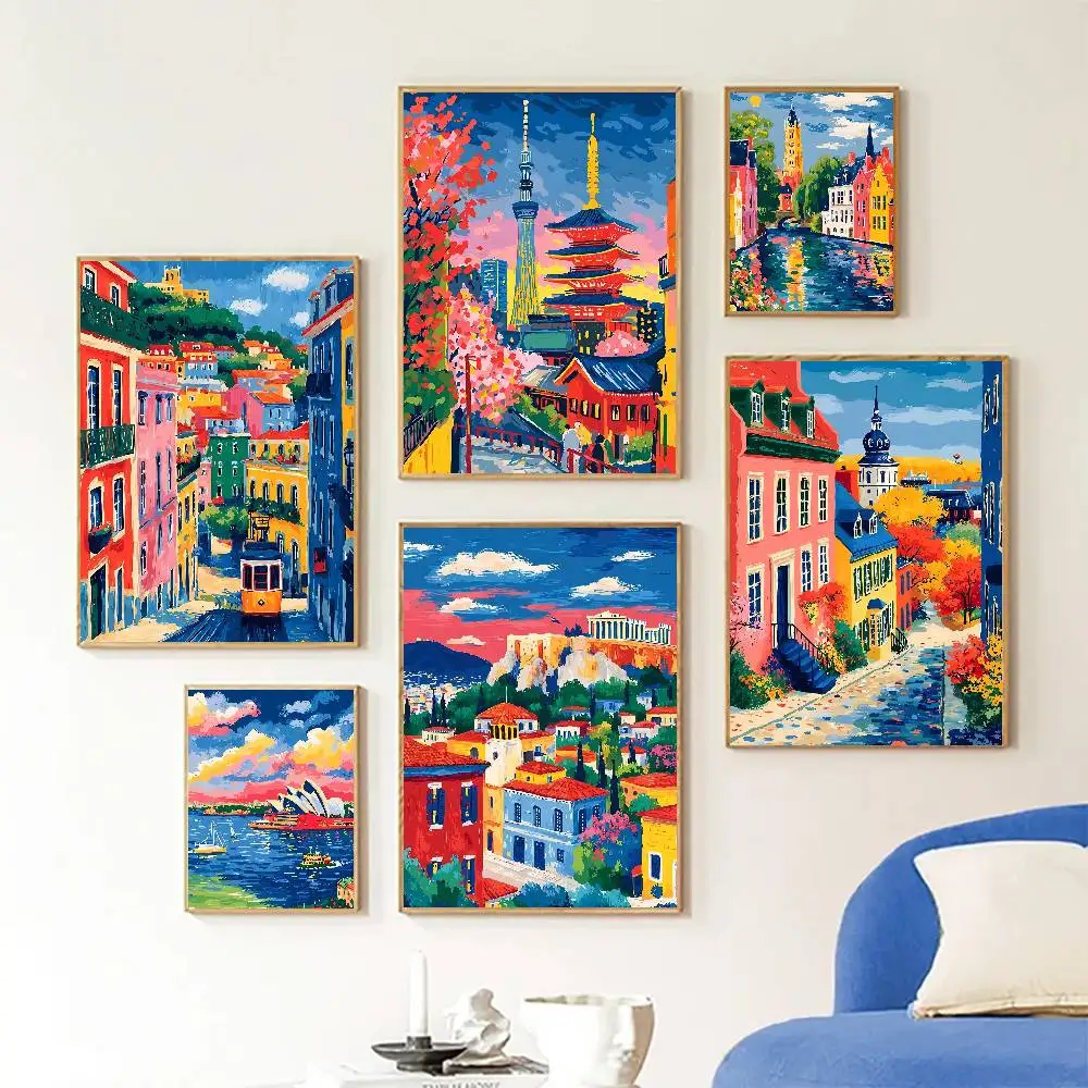 Urban Landscape Paintings Colorful Scenes Poster Self-adhesive Art Room Entrance Restaurant Wall Decor Art Painting