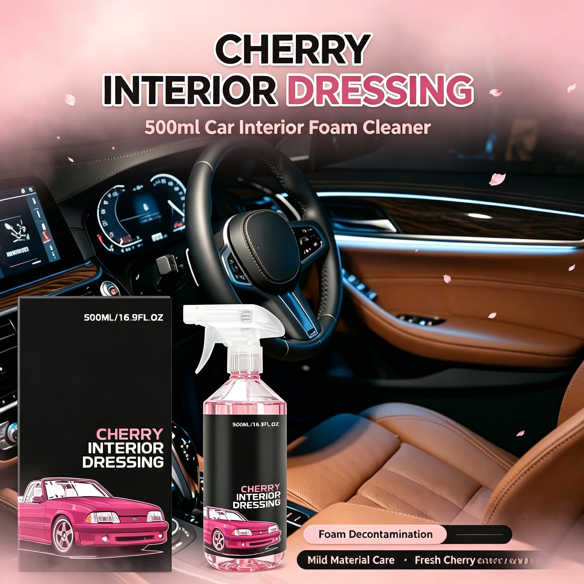 Car Interior Foam Cleaner Cherry Scent Deodorization No Sticky Residue Leather Fabric Seat Care Car Multi-material Stain Remover