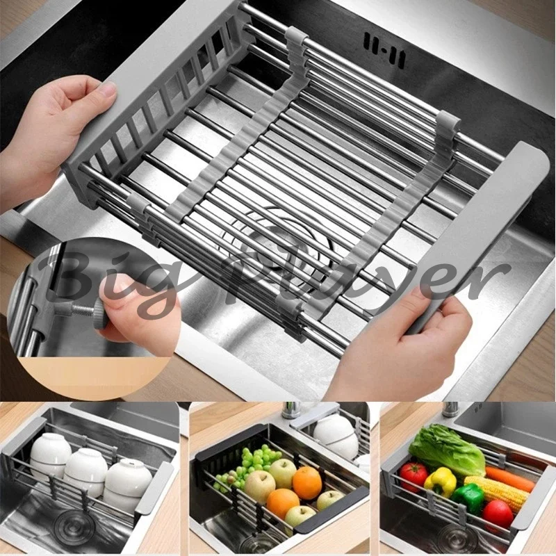 

Регулируемая сушилка для посуды из нержавеющей стали, сливная полка для мытья фруктов и овощей, сливная корзина для посуды, кухонное хранилище