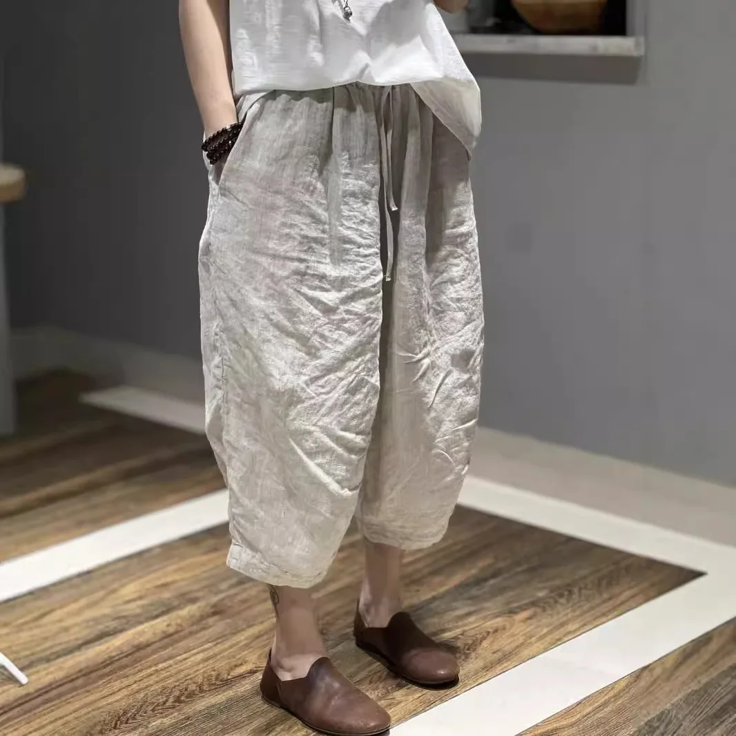 

XIZOU High Waist Cotton Linen Seven-Foot Pants Women Summer Large Size Loose Casual Thin Harlan Pants Meat Covering Casual Pants