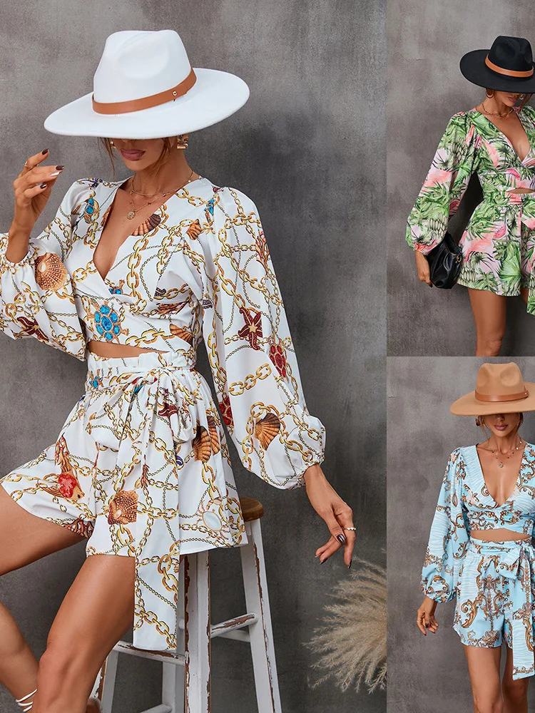 

Женский комбинезон Longsved с цветочным принтом, длинными рукавами и V-образным вырезом, с широкими штанинами и высокой талией, для уличного стиля, летняя повседневная одежда