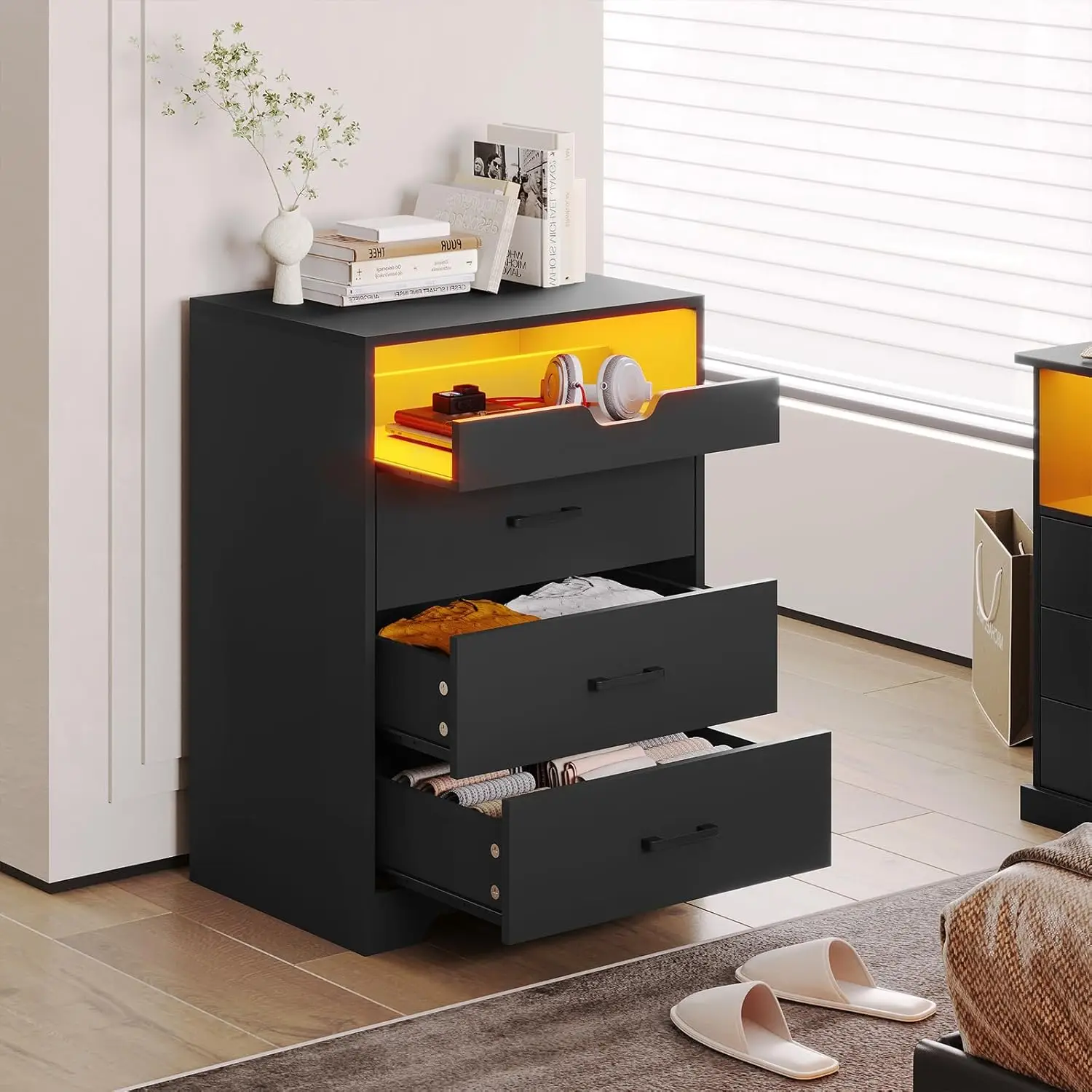 Dresser with LED Lights for Bedroom, Tall Dresser with 3 Drawers and Pull-Out Tray, Black Chest