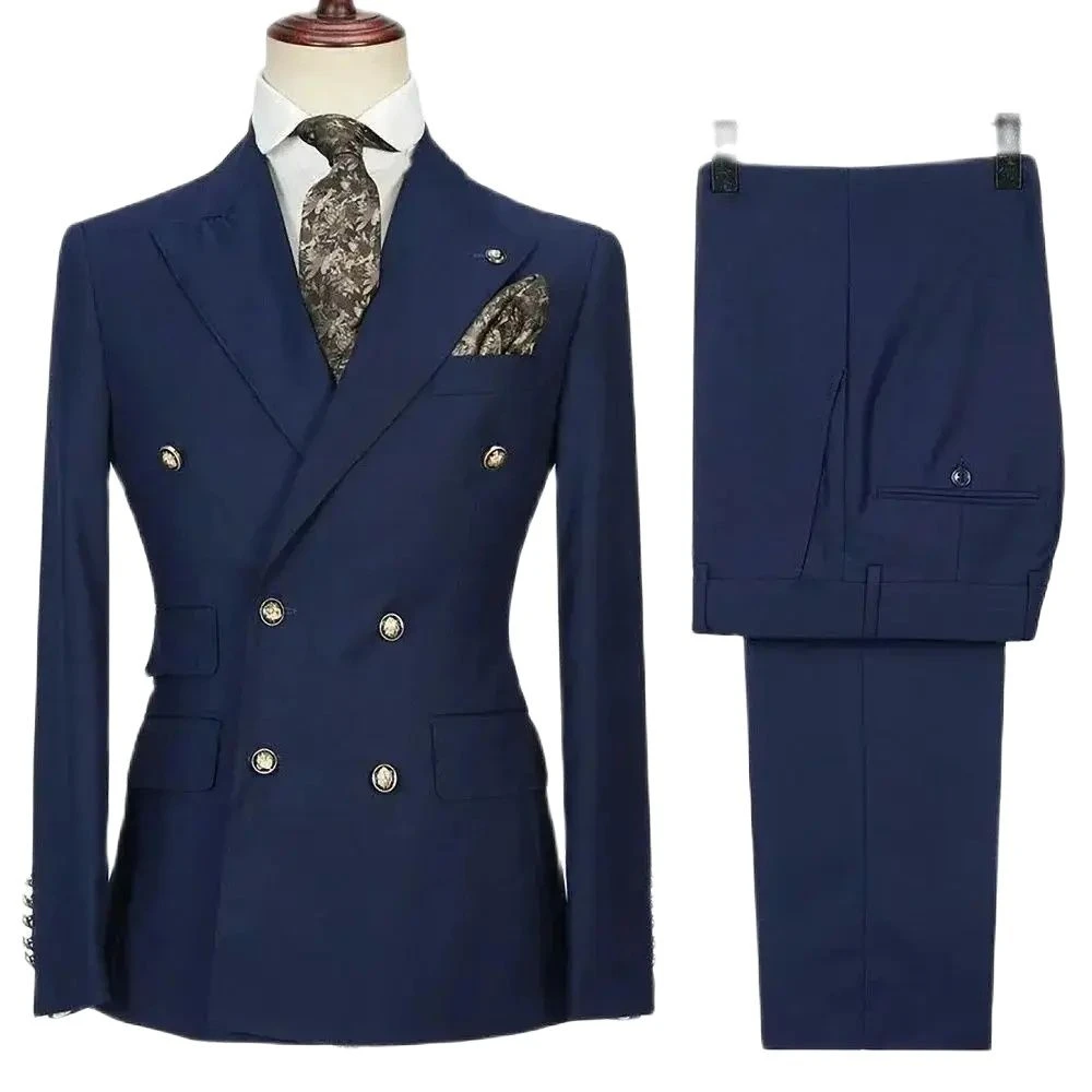 Navy Blue Slim Men Suit 2 Piece Fashion Peak Lapel Double Breasted Male Business Casual Wedding Set Blazer with Pants