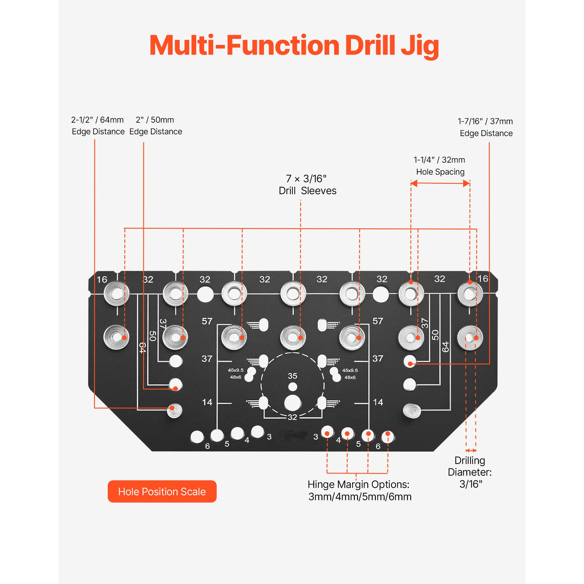 Shelf Pin Jig and Hinge Jig Two-in-One, Aluminum Alloy Cabinet Hardware Hole Drilling Template with 1/4