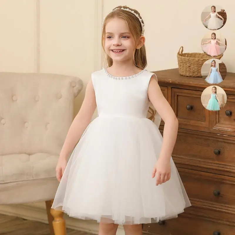 New Solid Color Pearl Bow Sleeveless Mesh Fluffy Skirt for Girls Christmas Halloween Birthday Party Princess Dress for 2-10 Year