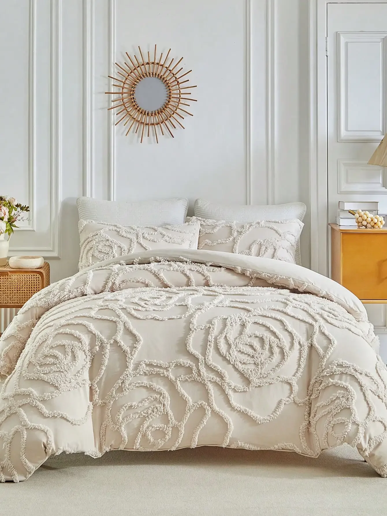 2/3pcs Khaki Rose Tufted Jacquard Polyester Duvet Cover Set, Modern Luxury All Season Bedding Set (1 Duvet Cover + 1/2 Pillow Shams), Soft & Breathable, No Filling