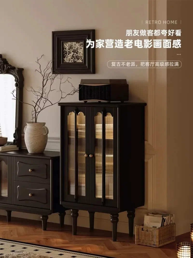 New Living Room American French Retro Glass Wine Cabinet Black Solid Wood Wall Facing Home TV Display Cabinet Hot Sales