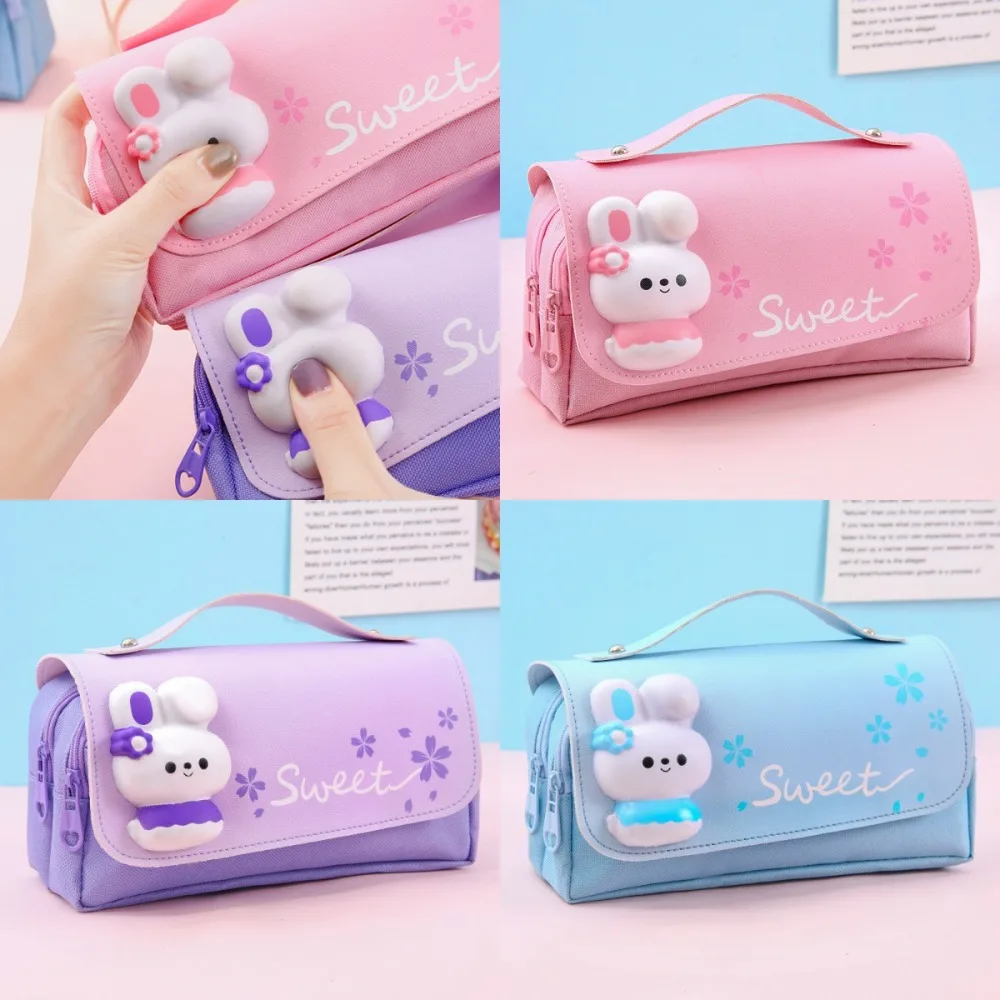 3D Multifunctional Cute Rabbit Pen Bag Large Capacity Double Layer School Pouch Cartoon Sweet Decompression Pencil Case