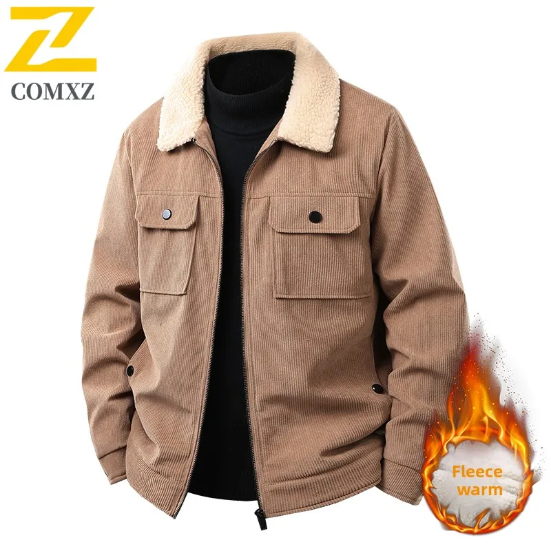 

2025 New Autumn Winter Men Lamb Velvet with Thick Corduroy Big Size Workwear Business Collar Casual Loose Men Warm Cotton Jacket