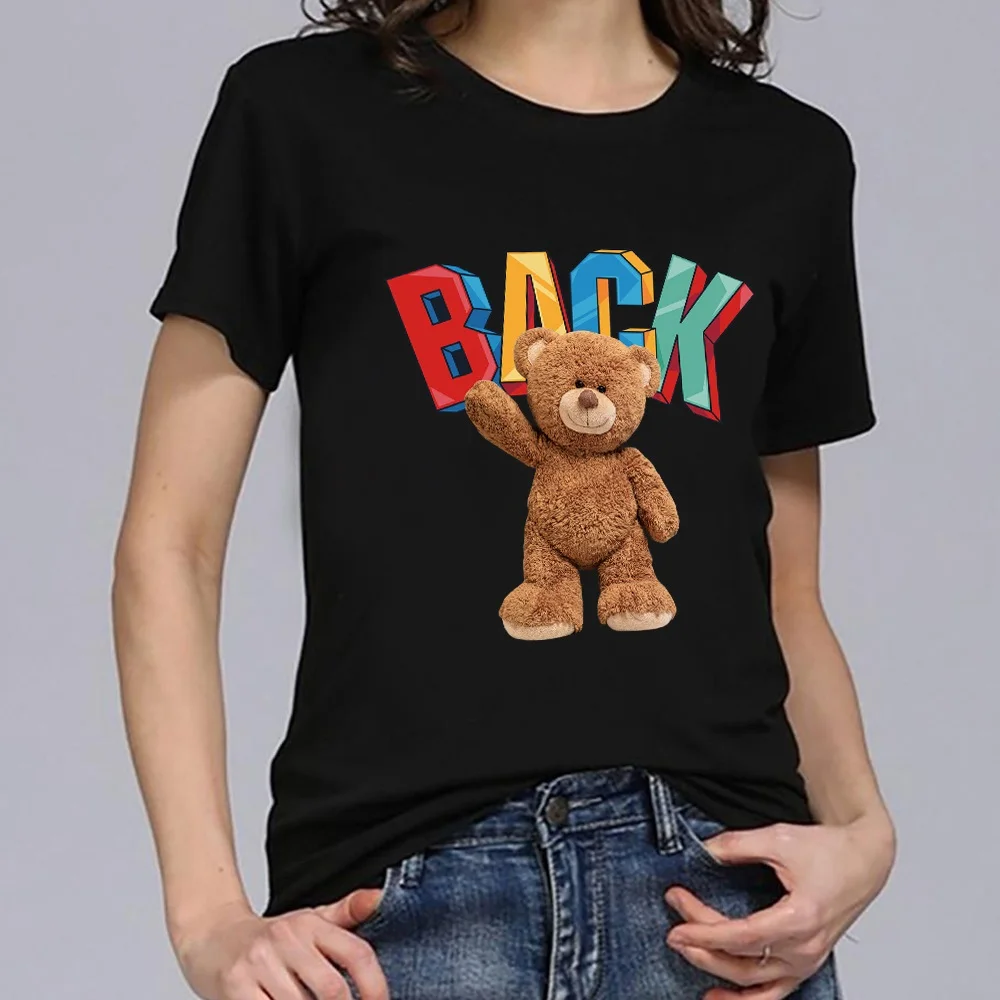 T Shirt Ladies Round Neck Tee Short Sleeve Black Simple Bear Print Summer Fashion Casual Women Top T Shirt