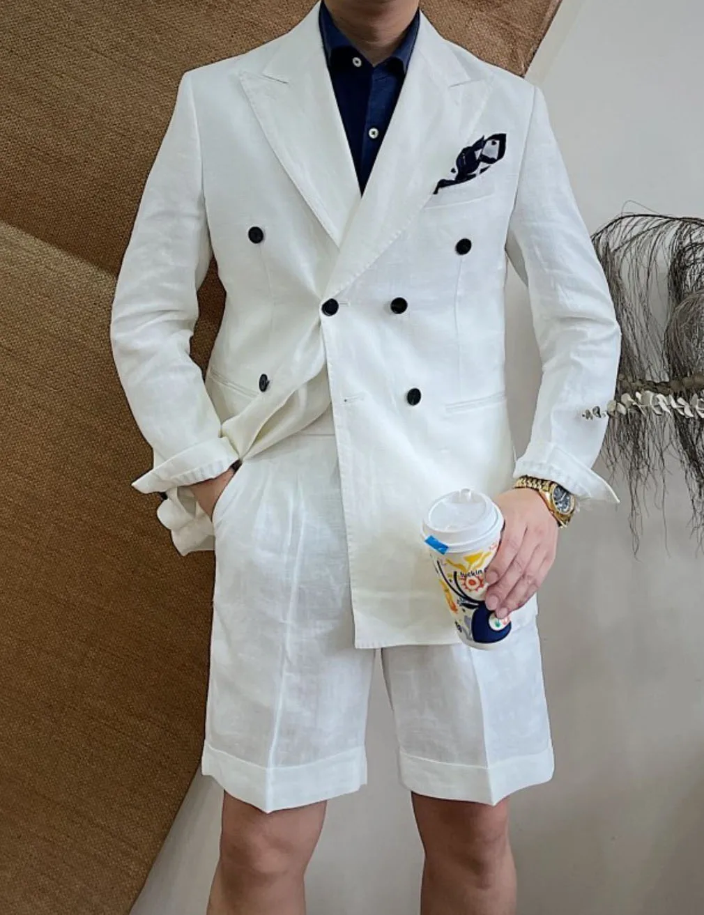 

Casual Summer Linen Slim Fit Shorts Suits for Men Double Breasted Peaked Lapel Man 2 Piece Outfit Set Blazers with Pants Wedding