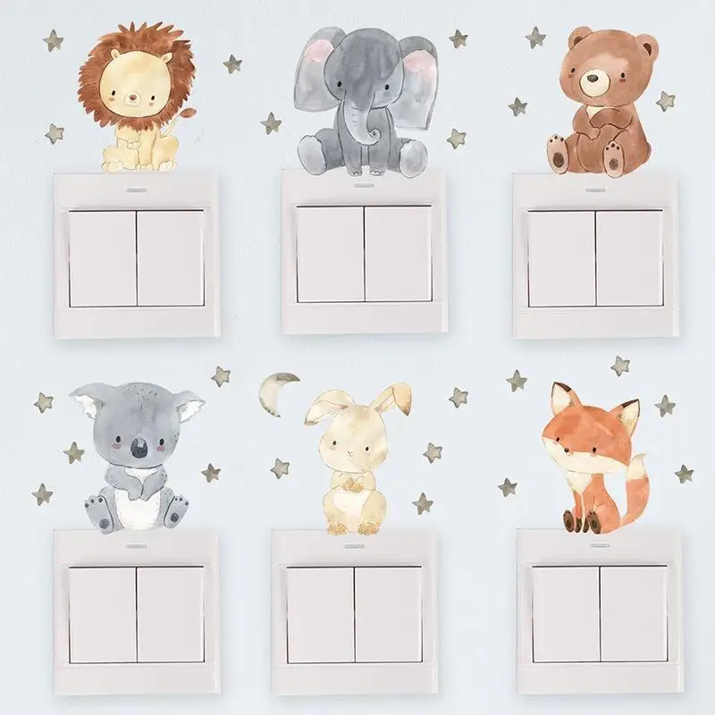 6Pcs Cartoon Animal Switch Stickers Vibrant Print Self Adhesive Wall Decals for Bedroom Socket Decor