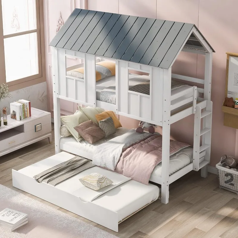 

Twin-Over-Twin House Bunk Bed with Trundle, Twin Size Wooden House Bunk Bed with Roof, Windows, Ladder and Guardrails