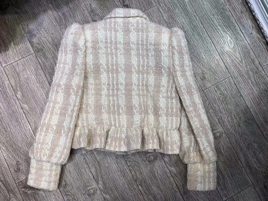 Dames parelknopen korte jas gekerfde kraag lange mouw ruches rand zoete dames wollen jas