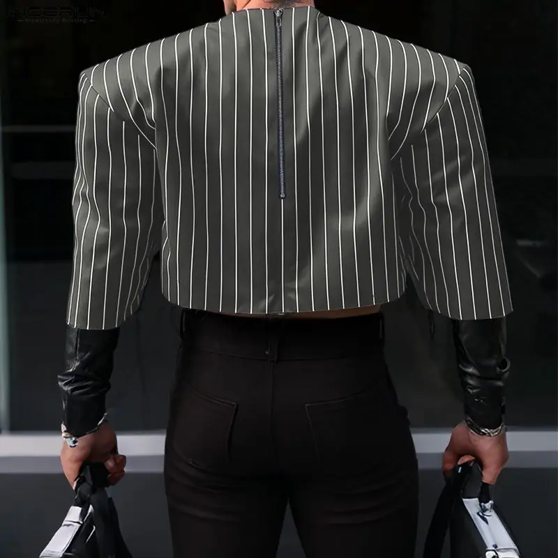 INCERUN قميص مخطط للرجال برقبة دائرية 3/4 كم وسحاب قطع علوية قصيرة غير رسمية ملابس خروج فضفاضة موضة 2026 ملابس رجالية ترفيهية قمصان