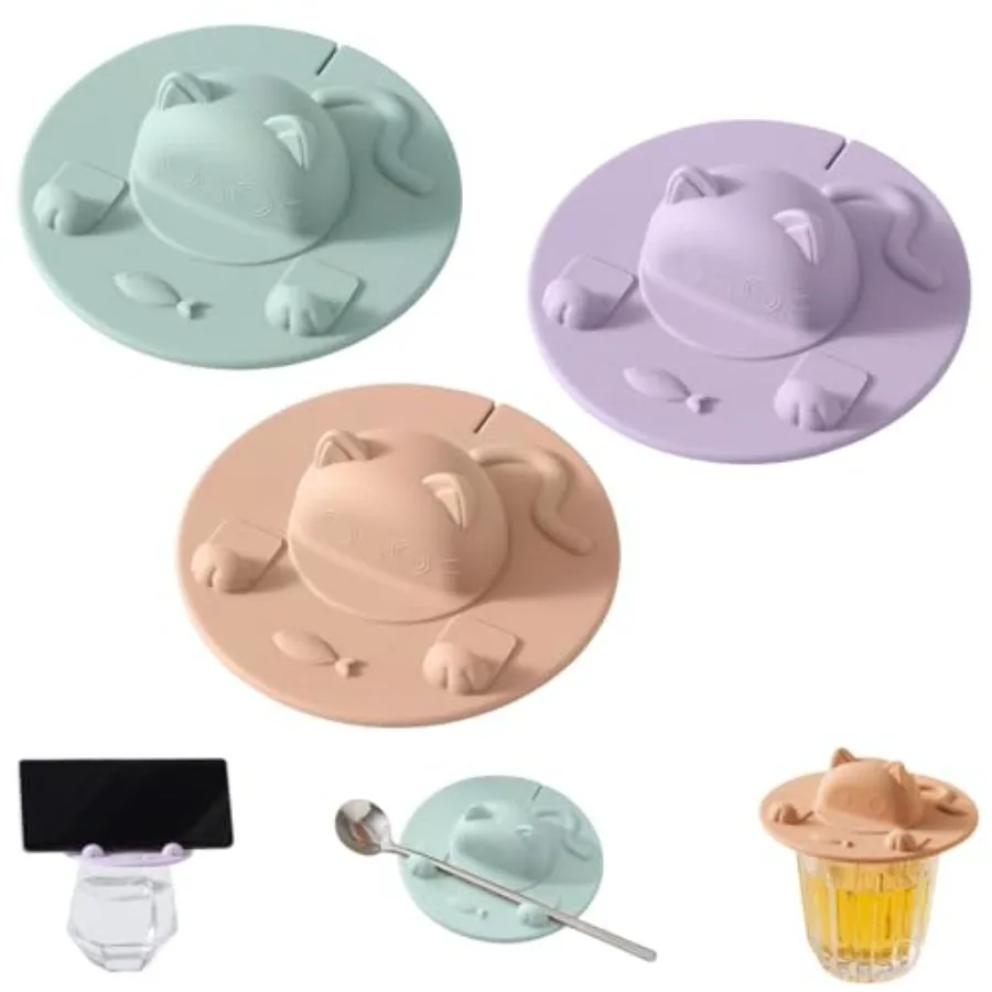 3PCS Silicone Cup Covers, Cat-Designed Cup Cover with Silicone Tea Bag Holder Mug Lid, Tea Mug Topper, for Coffee Milk Tea