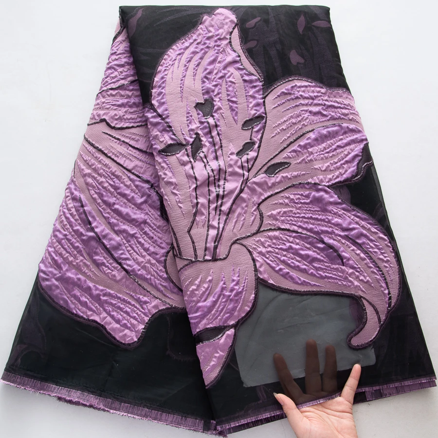 luxury-african-brocade-jacquard-lace-fabric-black-base-with-exquisite-purple-floral-pattern-fringe-edge-for-evening-gowns