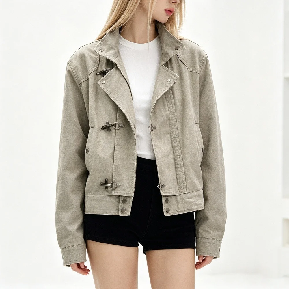 Women's Casual Stand-Up Collar Metal Snap Loose for Fit Short Work Jacket for Summer Vacation Beach Cycling Outfit