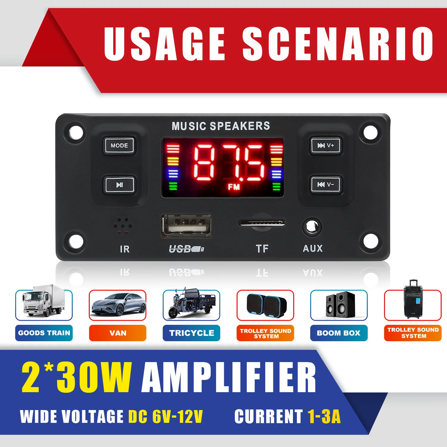 2*30W 60W Amplificatore Audio per auto USB TF Radio FM Modulo AUX Bluetooth 5.0 12V MP3 Scheda di decodifica WMA Lettore MP3 con telecomando