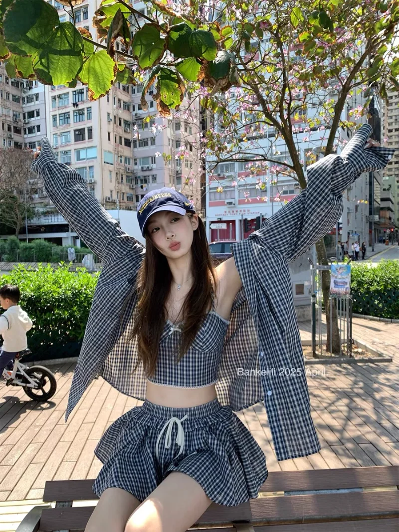 

Hot Girls Casual Suit Women Spring Summer Long-sleeved Plaid Shirt Camisole Top Shorts Three-piece Set Fashion Female Clothes