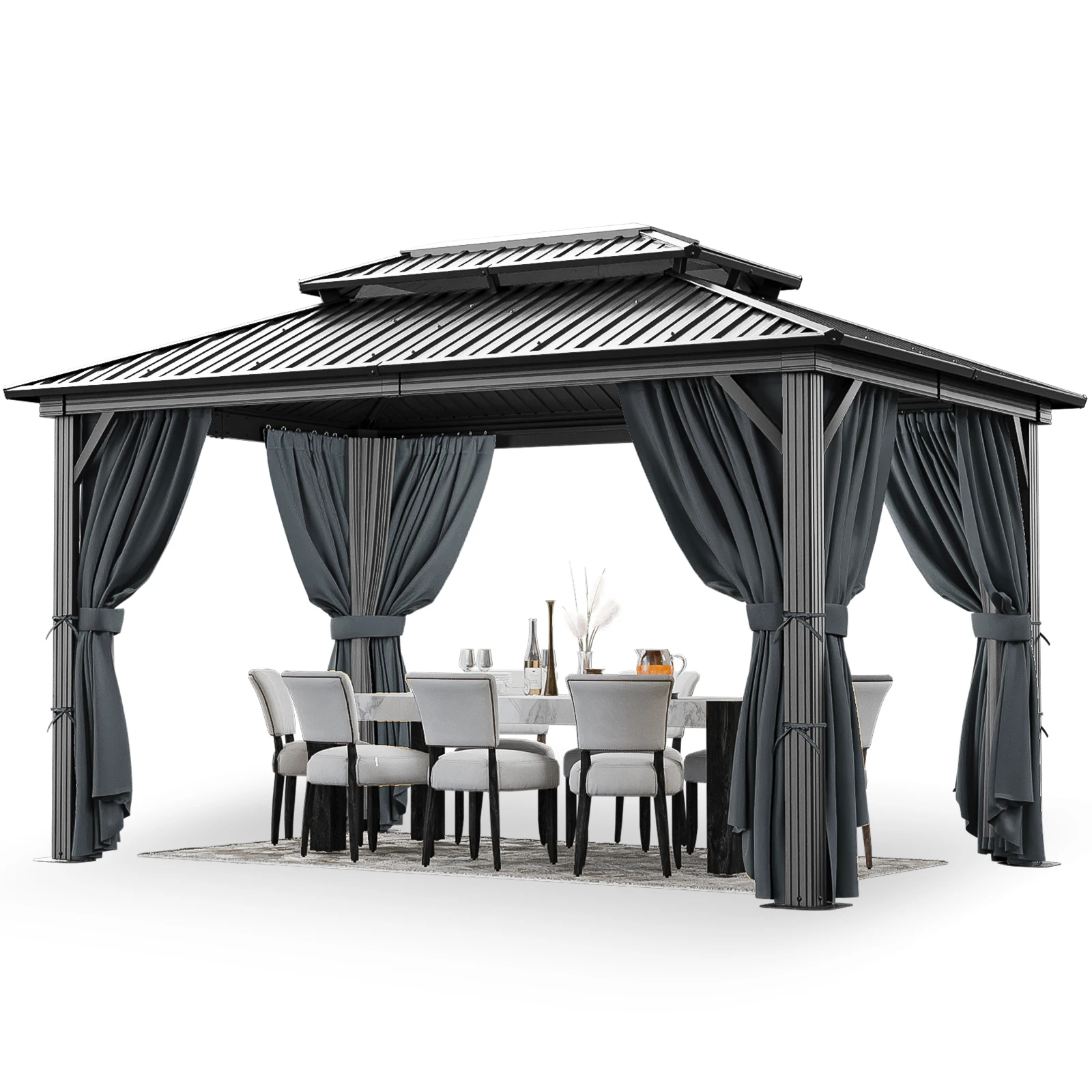 10x12ft Hardtop Gazebo Heavy Duty Gazebo with Galvanized Steel Double Roof, Flame-Retardant Curtains and Netting, Aluminum Frame