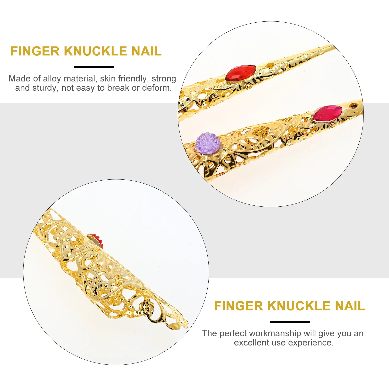 

10Pcs Gold Rhinestones Finger Nail Tips Long Fake Nail Rings Ancient Queen Costume Accessories for Dance Halloween Performance